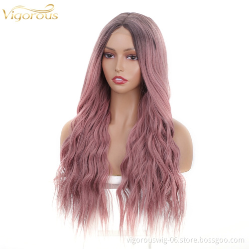 Body Wave Hair Wigs Long Synthetic Lace Ombre Grey Pink Wigs Women Middle Part Silky Full Heat Resistant Natural Looking wig